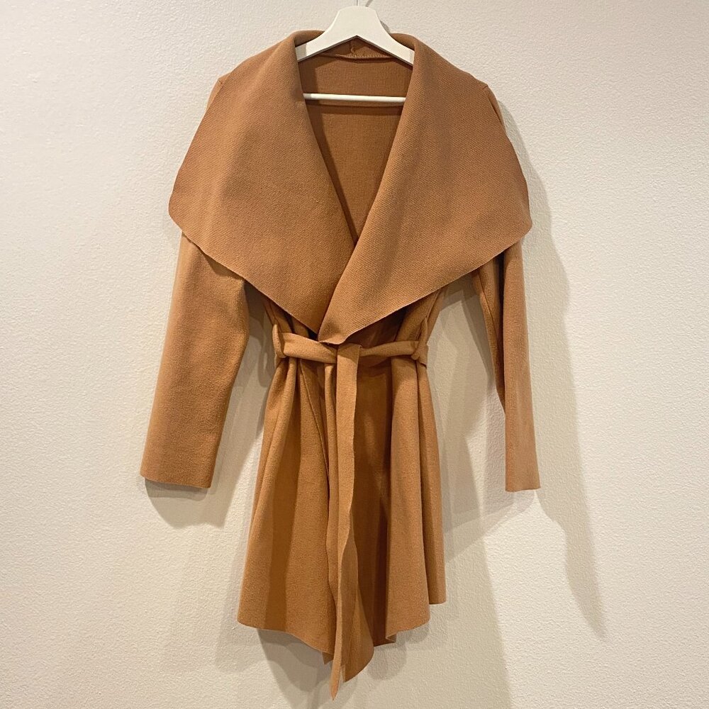 Tan Brown Mid-Length Wrap Coat Belted Minimalist Outerwear – Size Small